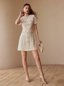 MOTF FASHIONABLE POINTELLE DECOR ROUND NECK FITTED SHORT SLEEVE MINI DRESS