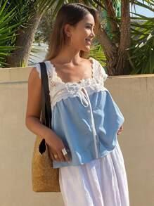 DAZY 度假蕾丝拼布抽绳系带牛仔衬衫夏季 - 藍色 - 查看 2