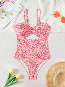 SHEIN Women Leopard Floral Hollow-Out Sexy Swimsuit One-Pieces, For Summer Beach Vacation - Multicolor - View 3