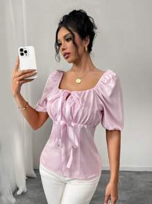 Elenzga Women's Spring/Summer Square Neck Elegant Bowknot Cuffed Sleeve Blouse