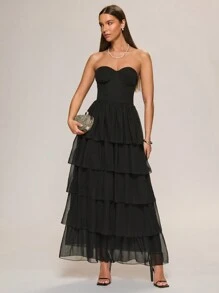 Glamine Vestido maxi elegante de gala de gasa con volante y volantes, vestido negro, bono de pastel