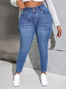 SHEIN PETITE CURVE Plus Size Washed High Waist Slim Fit Jeans - Medium Wash - View 4