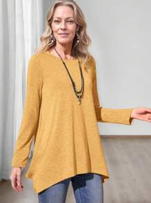 Miaspire Áo thun nữ cổ tròn tay dài đơn giản, mặc thường ngày - Màu vàng - Xem 3