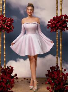 SHEIN Belle Elegante y romántico vestido formal rosa pastel con lazo de tela brillante y mangas largas fuera del hombro, para fiesta de graduación, fiesta de cumpleaños, Día de San Valentín, baile de graduación, vestido de invitado a boda