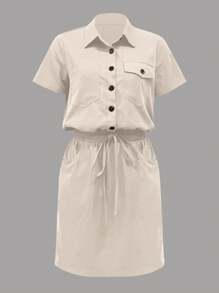 SHEIN LUNE 女式夏季实用军绿色衬衫裙，多口袋，短腰长度 - 杏色 - 查看 3