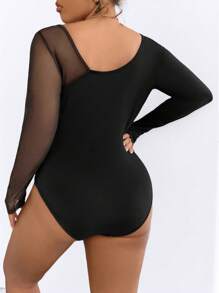 Calvaya Plus Size Women's Long Sleeve Mesh Patchwork Bodysuit, Slim Fit, Versatile Layering Top