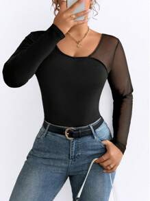 Calvaya Plus Size Women's Long Sleeve Mesh Patchwork Bodysuit, Slim Fit, Versatile Layering Top