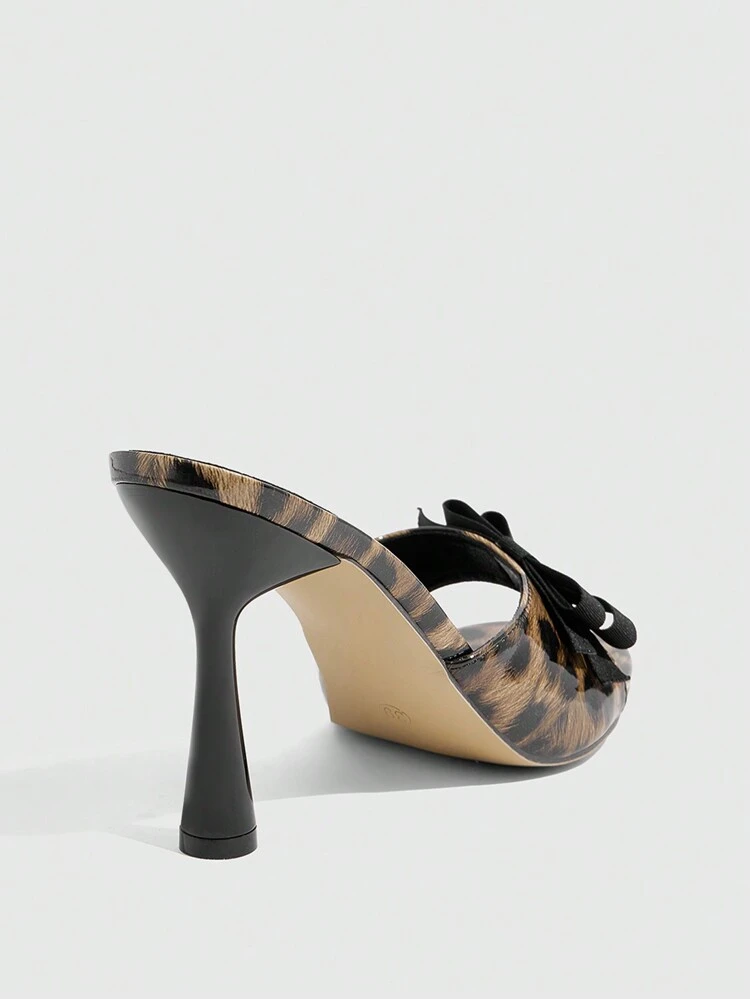 CUCCOO SZL Women's Pointed Toe Stilettos With Double Bow Design, Leopard Pattern Sexy And Stylish Mid Heel Slip-On Sandals, Suitable For Date, Vacation, Party Spring Shoes