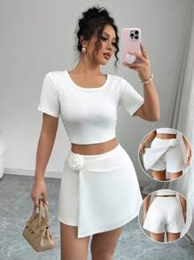 Chiquease Women 3D Floral Decorated A-Line White 2 In 1 Shorts - White - View 1