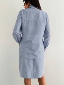 RueChic Women Single-Breasted Long Sleeve Striped Shirt And Mini Skirt Casual Suit - Blue - View 2