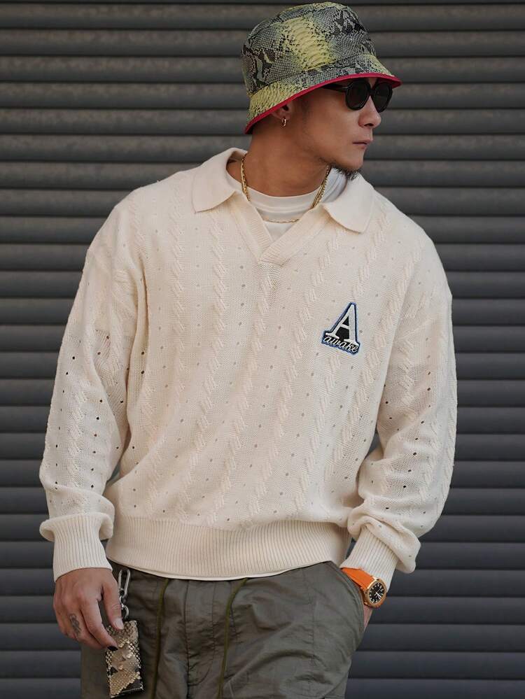 Men's Hollow Out Knitted Sweater, Turndown Collar Letter Embroidered, Spring Knitwear Top Fall,Winter