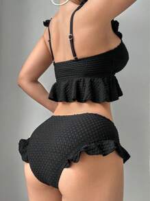 SHEIN Swim Springbreak 2Pcs Set: Black Textured Ruffle Strap Top And Ruffle High Waist Cute Beach Crop Tank Bikini For Summer Beach Vacation - Black - View 2