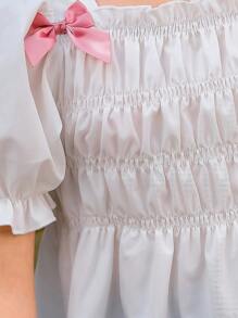 SHEIN Tween Girl' 优雅可爱蝴蝶结泡泡袖短款荷叶边下摆衬衫，适合外出、上学、春夏装、公主风格、婚礼季节 - 白色 - 查看 4