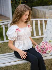 SHEIN Tween Girl' 优雅可爱蝴蝶结泡泡袖短款荷叶边下摆衬衫，适合外出、上学、春夏装、公主风格、婚礼季节 - 白色 - 查看 7