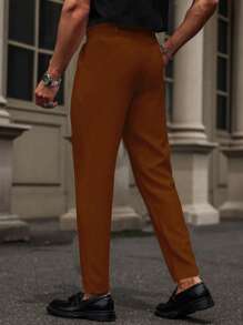 Manfinity Mode Pantalones de traje casuales de pierna recta y bolsillo con botón de unicolor para hombre - Marrón - Ver 2