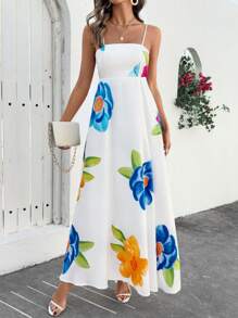 Breezaya Women's Casual Vacation Fresh Printed Spaghetti Strap Backless Dress