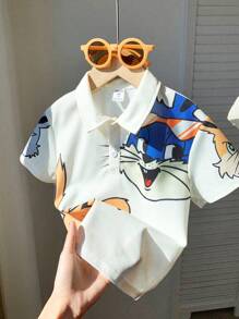 SHEIN 1 pezzo Polo shirt per ragazzi giovani con colletto alla coreana, motivo a coniglietto carino e comoda, adatta per uso quotidiano, scuola, uscite, sport, primavera/estate, in pile, spessa