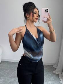 Selianne Áo ba lỗ cổ xếp li in họa tiết Tie Dye dành cho nữ - Màu xanh lam - Xem 1