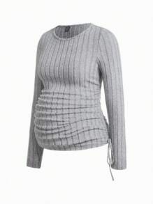 Modmama Maternity Casual Solid Color Ribbed Side Drawstring Long Sleeve T-Shirt, Autumn - Multicolor - View 3