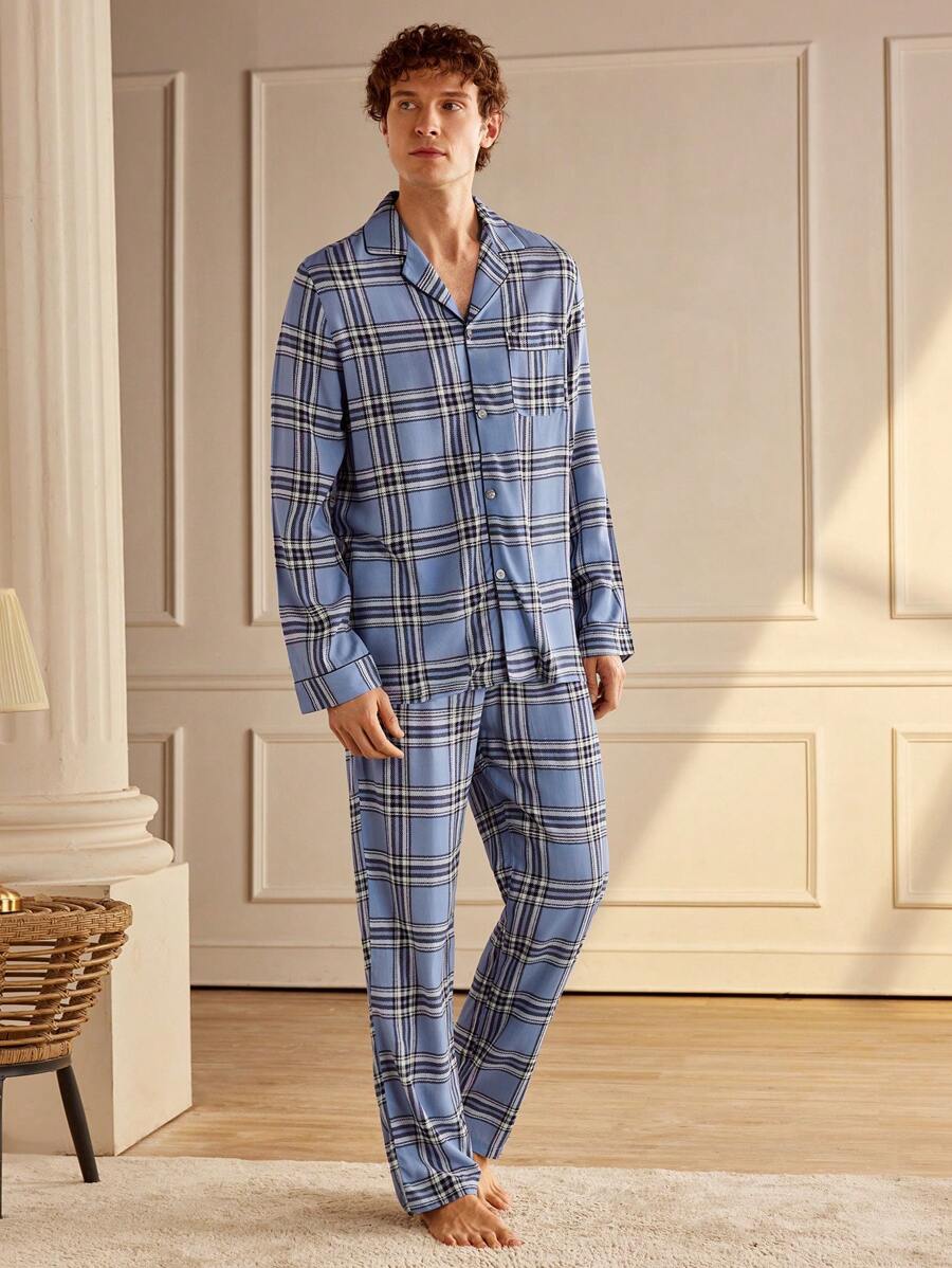 Manfinity Men Front Button Long Sleeve Plaid Simple Top And Pants Pajama Set - Blue - View 1