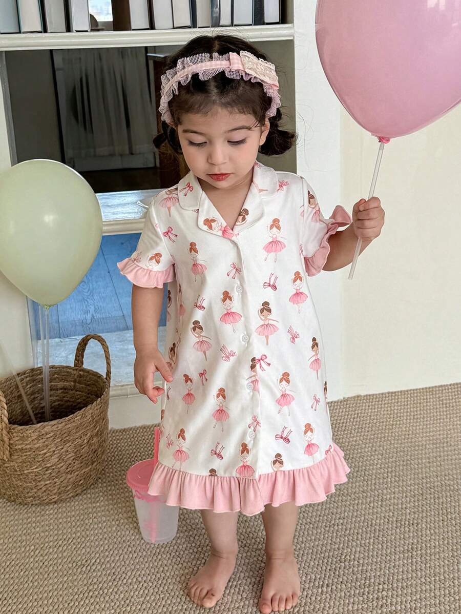 SHEIN Leap Crew 女婴可爱卡通图案翻领短袖荷叶边宽松休闲睡裙,适合日常穿着,室内外皆宜 - 彩色 - 查看 1