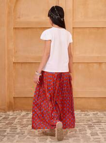 SHEIN 2pcs Tween Girls Set Cap Sleeve Top And Ditsy Floral Pleated Wide Leg Pants Outfit - Burgundy - View 5