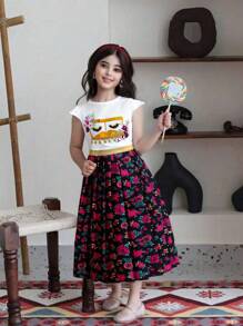 SHEIN Tween Girl Short Sleeve Top And A-Line Skirt 2pcs Set, Minimalist Fashion Casual Daily Outfit - Multicolor - View 1
