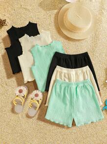 SHEIN 6pcs/Set Baby Girl Infant Toddler 0-3Y Casual Daily Basic Vacation Soft Wave Knitted Fabric Sleeveless Top Tee Shirt & Shorts 6pcs Set, Apricot, Spring Day Blue, Black 3 Color Sets - Multicolor - View 2
