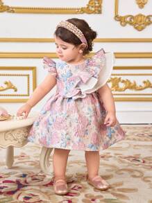 SHEIN فستان أذرع بلا أكمام لطفلة مزين بطبعات زهرية رقيقة وكشكشة، صيفي - متعدد الألوان - مشاهدة 6