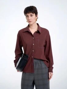 Aalyst Women's Long Sleeve Color Block Stitching Single-Breasted Shirt, Country Style - Brown - View 5
