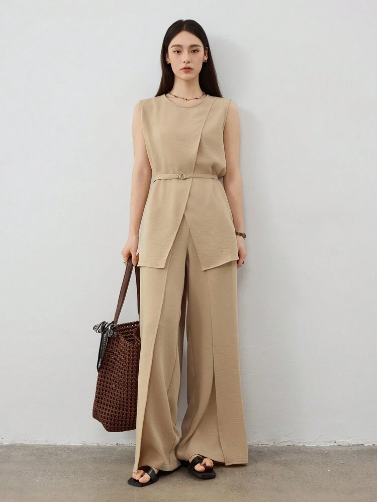 Simple Business Casual Solid Color Cinched Waist Asymmetric Patchwork Split Straight Leg Pants & Suit Set For Women Old Money,Women Two Piece Sets
