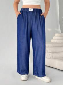 SHEIN EZwear 蓝色直筒大码裤，简约时尚的休闲日常装