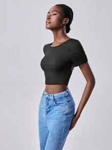 Lumivelle Camiseta de mujer con decoración de cinturón en la espalda, de moda, con espalda calada, camiseta corta con espalda descubierta de estilo elegante