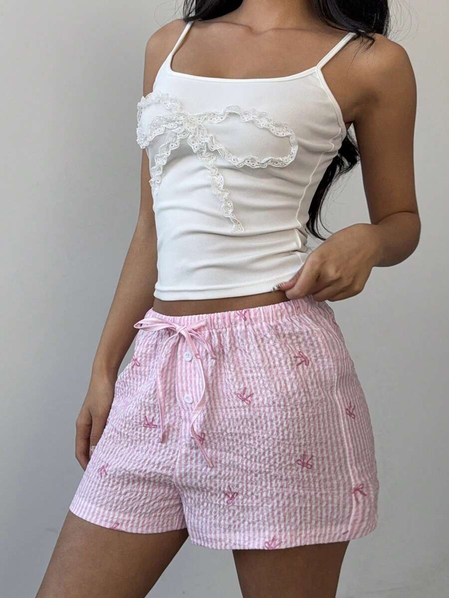 Aloruh Elegant Stripe Print Sweet Pink Bow Striped Low Waisted Elastic Pink Shorts, Casual Vacation Beach Simple And Comfortable Summer Shorts - Pink - View 1