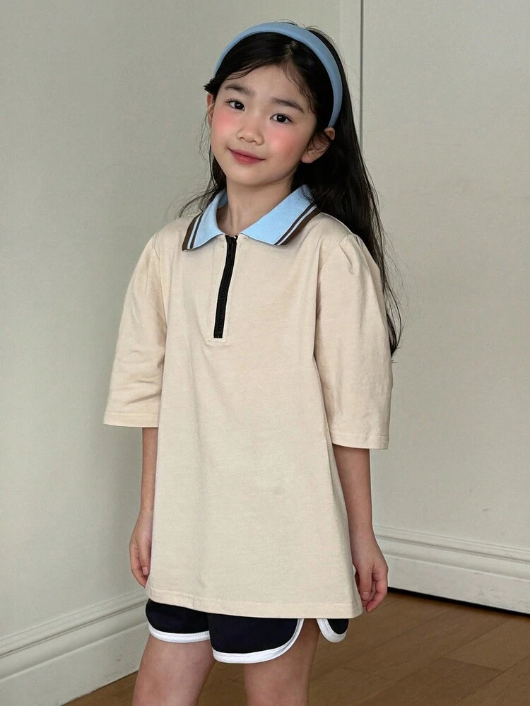 Tween Girl Casual Color Block Collar Short Sleeve T-Shirt, Summer, Back To School