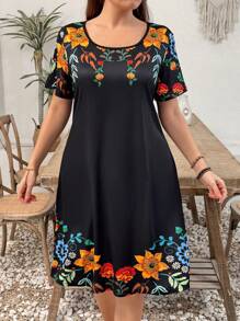 EMERY ROSE Plus Size Women Floral Print Patchwork Round Neck Short Sleeve Casual A-Line Mini Dress For Summer
