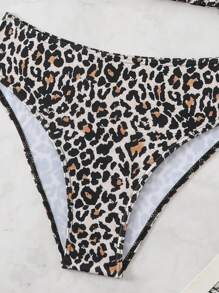 SHEIN Teen Girl Leopard Print Spaghetti Strap Cropped Tankini Swimwear Set, Summer Holiday - Brown - View 4