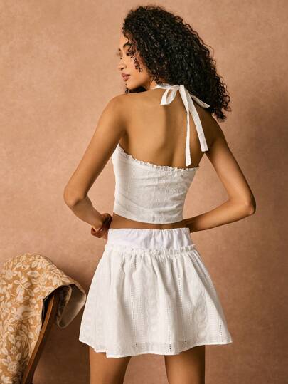 Poéselle 2件套女士度假休闲纯色露背吊带上衣和迷你裙