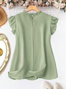 Rometta Plus Size Women Solid Color Frill Cuff Loose Blouse - Green - View 2
