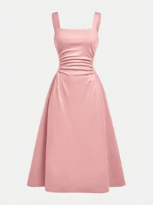 SHEIN Girlism Teen Girl Solid Color Square Neck Ruched Waist Casual Elegant Strap Pink Dress - Pink - View 5