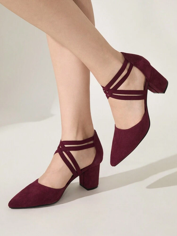 CUCCOO CHICEST Burgundy Faux Suede Elastic Ankle Strap Pointed Toe Chunky High Heel Pumps, Fashion Dress Shoes For Commuting, Dating, Party, Wedding, Holiday Summer Shoes Summer Break Easter Prom Heels For Christmas Elegant Shoes Wedding Shoes Summer Shoes Bride Shoes