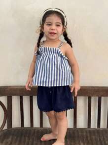 SHEIN LMoss Kids LMoss 2 件装女婴编织吊带背心和编织短裤套装