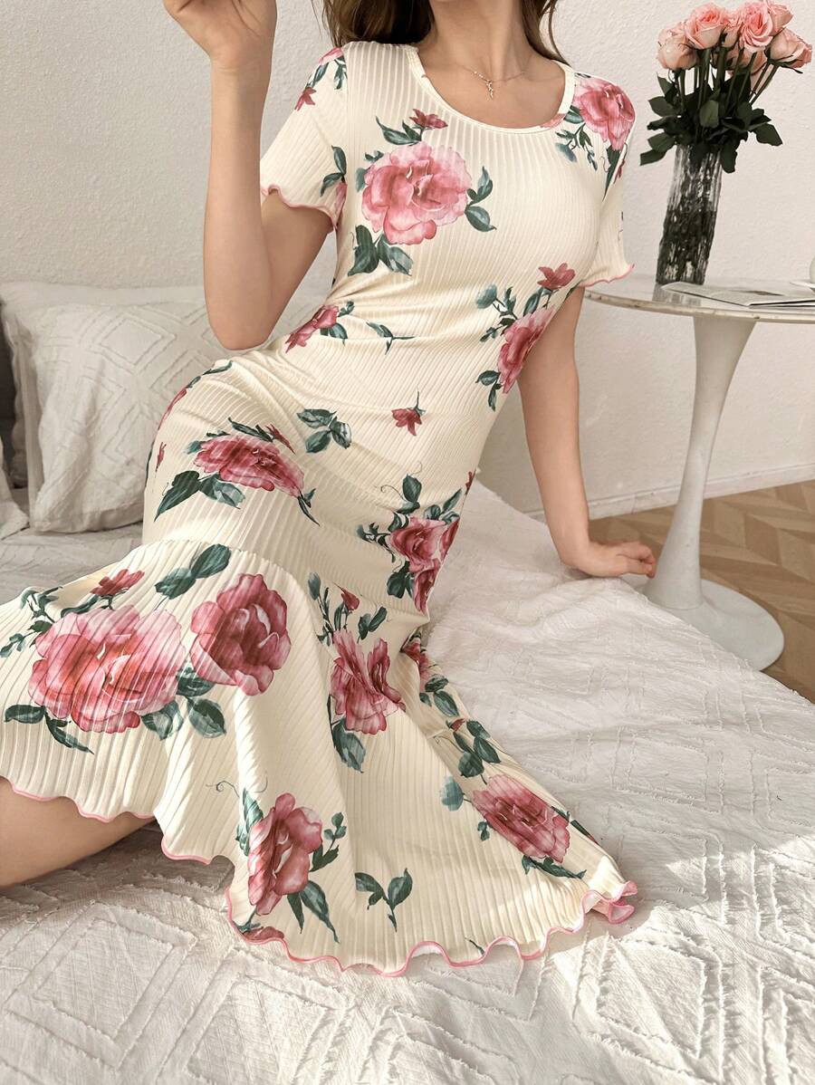 Ruffled Floral Print Short Sleeve Casual Nightgown Babydoll, Minimalist And Fashion For Daily Wear PerfectSummer - Multicolor - View 1