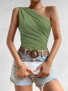 Airlisse Damska bluzka z marszczeniami na jedno ramię w jednolitym kolorze