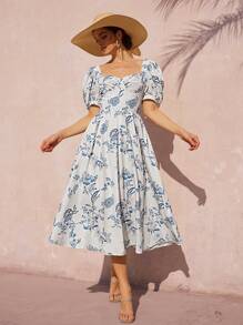 Revavyn White And Blue Floral Summer Elegant Tea Party Holiday Retro French Sweetheart Neck Puff Sleeve Waist Gathered Flared Long All Over Print Boho Dress - Multicolor - View 5