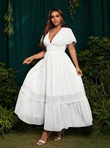 SHEIN Belle 大码纯色 V 领短袖褶边优雅白色连衣裙 - 白色 - 查看 4