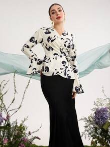 Modelyn Women Watercolor Floral Pattern Ruffle Sleeve Top And Satin Mermaid Skirt Elegant Romantic 2 Pieces Set - Black and White - View 1