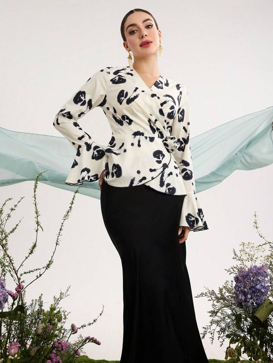 Modelyn Women Watercolor Floral Pattern Ruffle Sleeve Top And Satin Mermaid Skirt Elegant Romantic 2 Pieces Set - Black and White - View 1