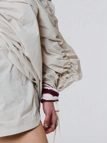 TypaGal Number Striped Print Panelling Drawstring Ruched Detail Off Shoulder Long Sleeve Nylon Shirt Top