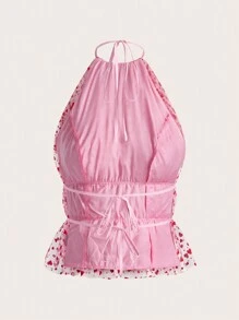 SHEIN EZwear Damen Herzform Mesh Rüschen Saum Träger Top - Pink - Übersicht 2